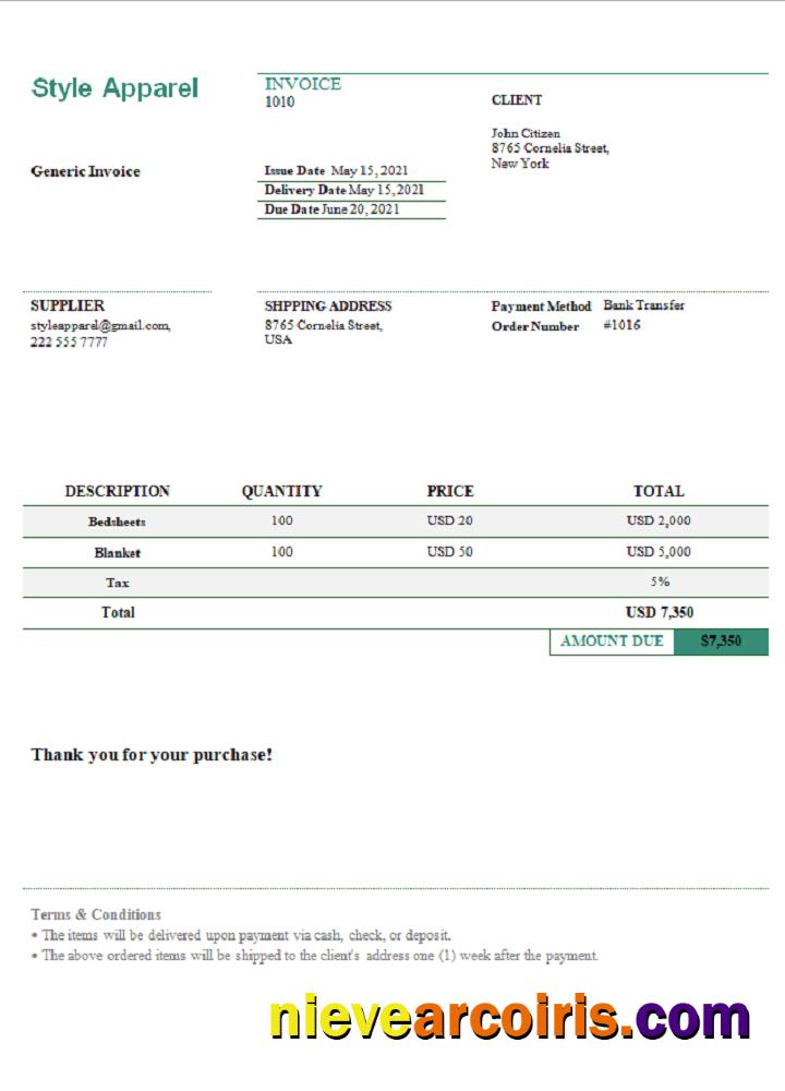 USA Style Apparel invoice